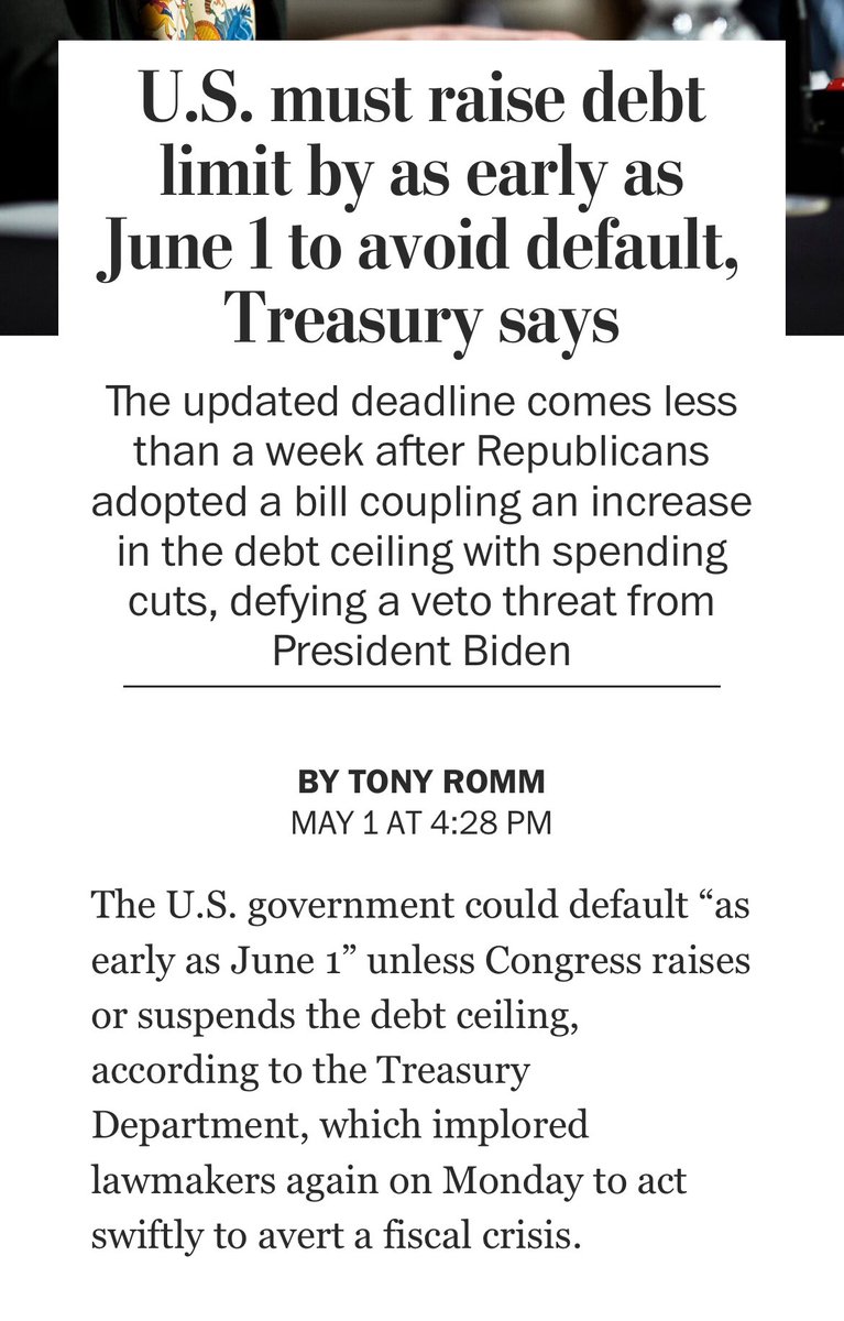 AmoneyResists's tweet photo. BREAKING: Treasury Secretary @SecYellen says we have until JUNE 1st (30 DAYS) to raise the debt ceiling in order to avoid a catastrophic default. 

@HouseGOP: RAISE. THE. FUCKING. DEBT. CEILING.
#GOPDebtCrisis 
#GOPDefaultDisaster https://t.co/smrc5YkX3B