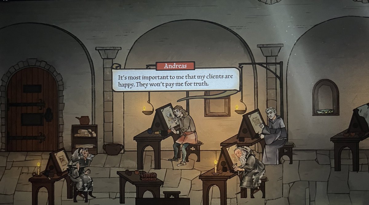 Started playing Pentiment. Lots to like so far, even besides the interesting art style, setting and premise. 

A nice touch is how the dialogue fonts represent the protagonist’s perceived education level of the person he’s speaking to