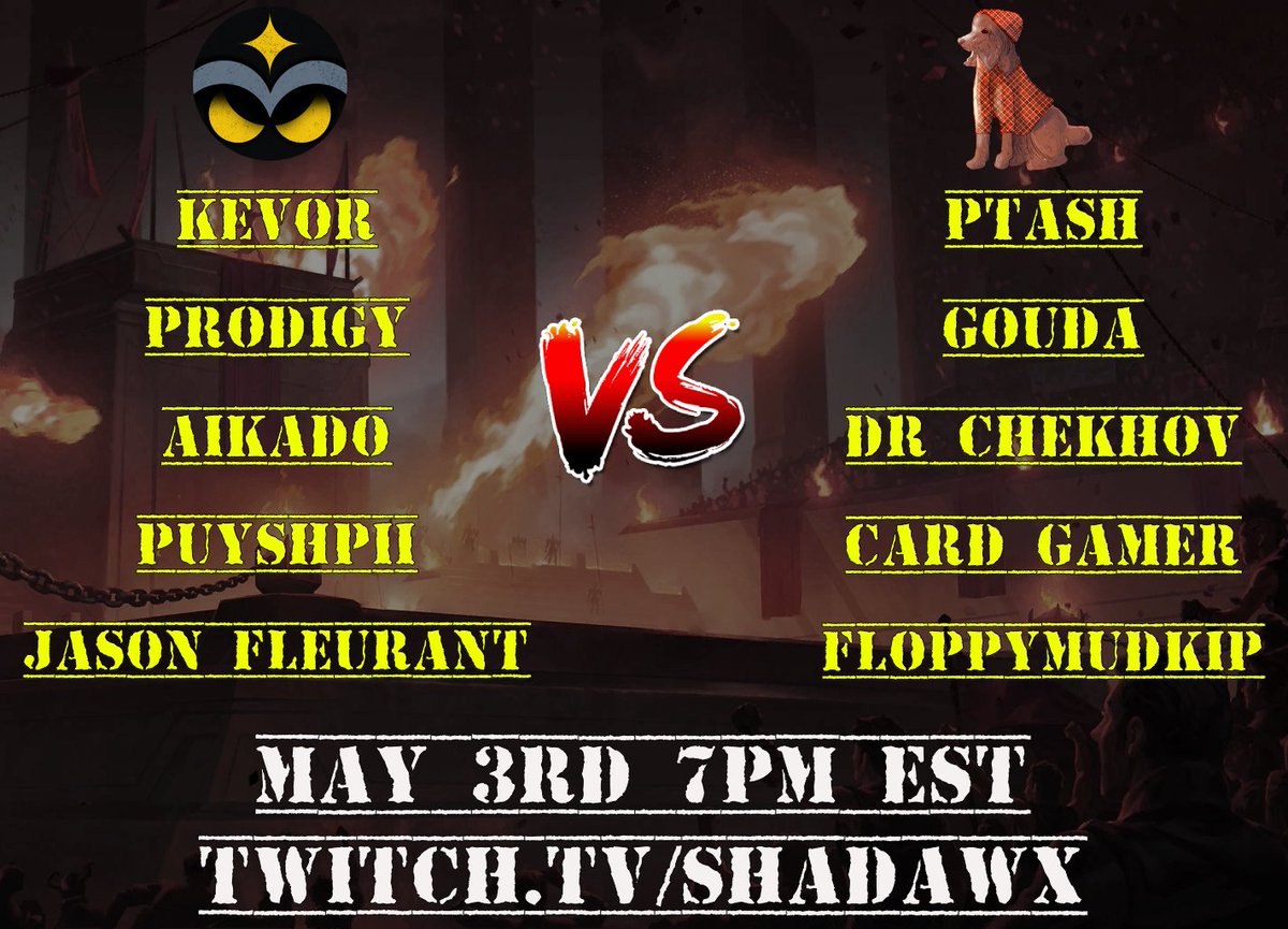 2 days until <a href="/MasterRuneterra/">Mastering Runeterra</a> vs <a href="/RedPupGames/">Red Pup Games</a> !

Teams wager $500 and the winners take it all!

<a href="/KevinAnctil/">Kevor24</a> 
<a href="/Prodigy_LoR/">Austin Redington</a> 
<a href="/AikadoLoR/">Aikado</a> 
<a href="/Puyshpii/">Diego Barrera</a> 
<a href="/JasonFleurant/">Jason Fleurant</a> 
VS.
<a href="/ptashLOR/">Ptash</a> 
<a href="/Goudaddyx/">Gouda</a> 
@ChekhovDr 
<a href="/CardGamerLoR/">Matt Renz</a> 
<a href="/TheFloppyMudkip/">FloppyMudkip</a> 

Catch the action at Twitch.tv/shadawx