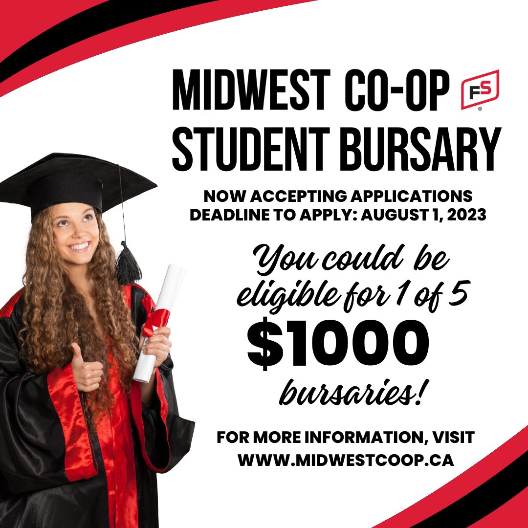 ‼️ATTENTION FIRST-YEAR POST SECONDARY STUDENTS‼️
 
Midwest Co-op is now accepting applications for our Student Bursary! You could be eligible for 1 of 5 $1000 bursaries.
 
For the application form, please follow the link below:
midwestcoop.ca/Products-Servi…