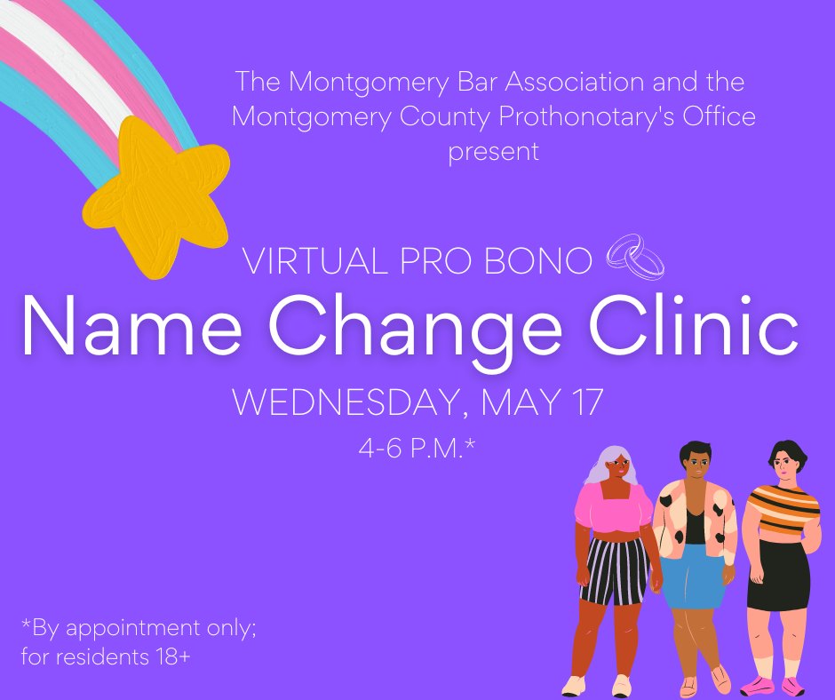 Legal Aid of Southeastern PA (@legalaidsepa) on Twitter photo 📢Register by Wed, May 3, 2023📢 for the Montgomery County Virtual Name Change Clinic! The clinic will be May 17, 4-6pm!
Register here: bit.ly/name-change-cl….
Presented by <a href="/Montgomery_Bar/">Montgomery Bar Association</a> & Montgomery County Prothonotary's Office.
More info: lasp.org/events/name-ch… 📢Register by Wed, May 3, 2023📢 for the Montgomery County Virtual Name Change Clinic! The clinic will be May 17, 4-6pm!
Register here: bit.ly/name-change-cl….
Presented by <a href="/Montgomery_Bar/">Montgomery Bar Association</a> & Montgomery County Prothonotary's Office.
More info: lasp.org/events/name-ch…