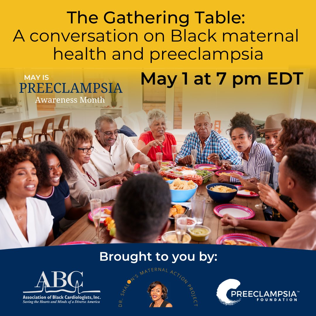 preeclampsia's tweet photo. The lineup for tonight's #GatheringTable on #BlackMaternalHealth is 👏📷 Come hear from
@kiddiehearts @DrRachelMBond @KeciaGaitherMD from @ABCardio1 with @Qyard08 @Trashaun @Eleni_Z_Tsigas Register: https://t.co/j7TkNV180q https://t.co/UevJihr1Yh