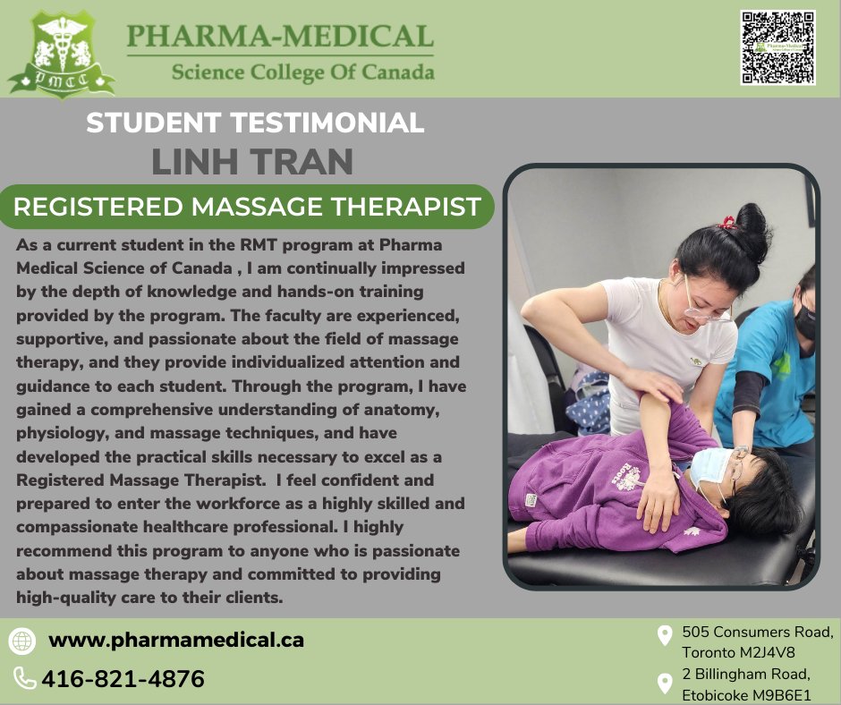 Linh's experience with the Pharma-Medical Science College of Canada was incredible. 
#PMSCC #rmt #massagetherapy #massagetherapyschool #massagetherapist  #massageschoollife #massagetherapylife #schoolsincanada #torontoschool #torontohealthcare  #canadamassagetherapis