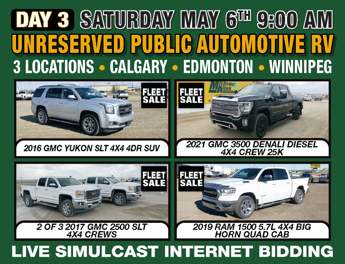 MichenerAuction's tweet photo. Michener Allen Auctioneering Ltd Next 3 Day, Calgary, Edmonton &amp; Winnipeg Public Unreserved Industrial Auctions are May 4th 5th &amp; 6th 2023 at 9:00 AM. Day 3 is Saturday May 6th Including Automotive &amp; Recreational Vehicles info @ https://t.co/tIN2uWDQMz https://t.co/YmJ7SUdT22