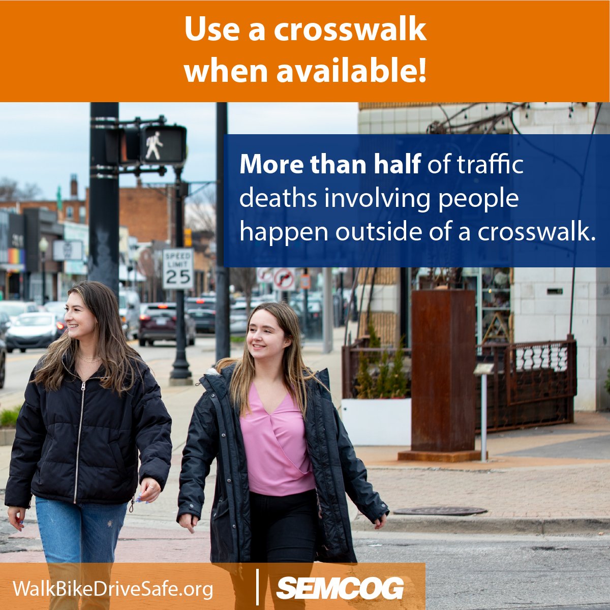 If a crosswalk or intersection is not available, locate a well-lit area where you have the best view of traffic. Wait for a gap that allows enough time to cross safely; continue watching for traffic as you cross. #WalkSafe walkbikedrivesafe.org