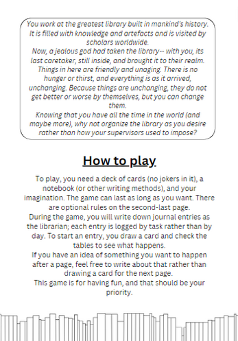 Catoblepon's tweet photo. I've made a game! It is a solo journaling TTRPG where you play as a librarian in a library that has been taken to a god's realm.
(If you are interested, check the first comment!)
It is my first game, so I hope you like it❤️If you like it, I would appreciate it if you share it! https://t.co/OO5JH0p4gt