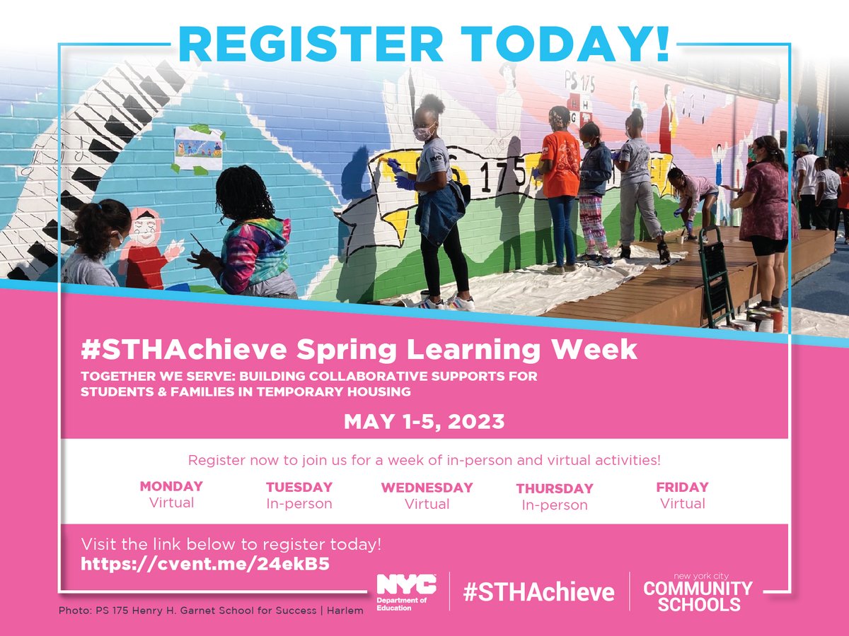 #STHAchieve Spring Learning Week started today - no better place to learn about supporting students in temporary housing (STH). It's not too late to register for our virtual sessions later this week! The event is open to anyone who supports STH in NYC: cvent.me/24ekB5