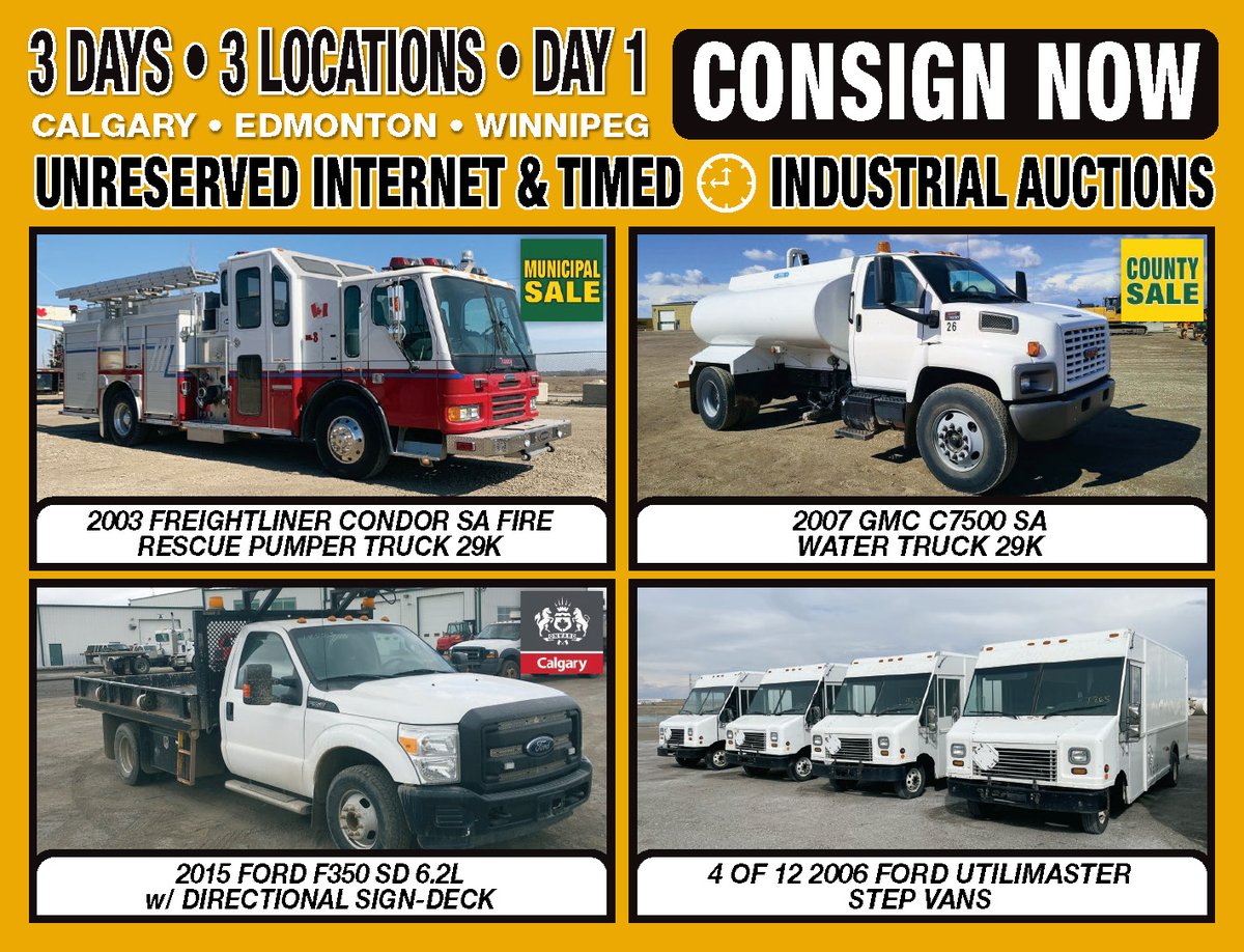 MichenerAuction's tweet photo. Michener Allen Auctioneering Ltd Next 3 Day, Calgary, Edmonton &amp; Winnipeg, Public Unreserved Industrial Auctions are May 4th &amp; 5th 2023 at 9:00 AM. Day 1 Thursday May 4th Featuring 1 Tons &amp; Heavy Trucks info @ https://t.co/tIN2uWDQMz https://t.co/HdaIKT6crj