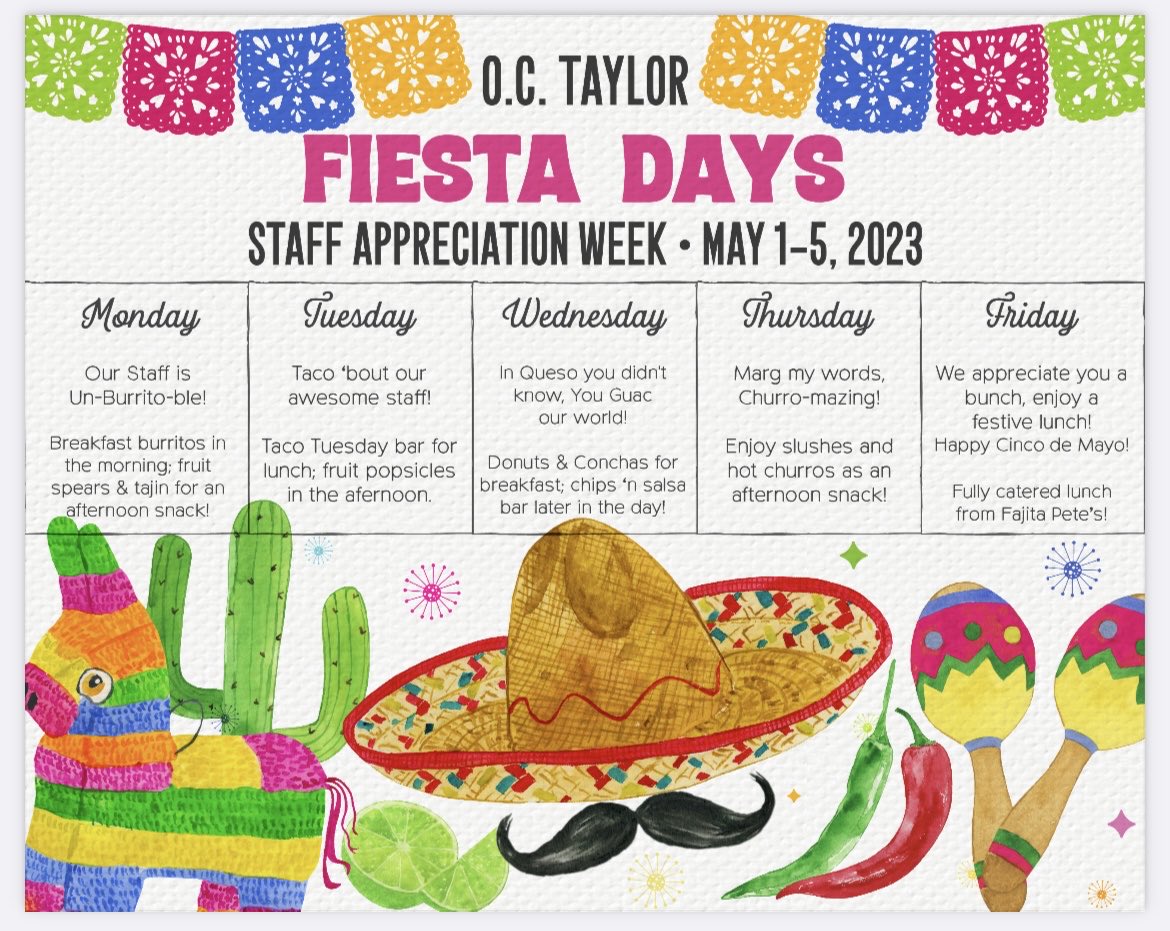 Look at these adorable ladies dressed in theme to support our OCT Tiger staff this week! Muchas gracias!!Burritos for breakfast and fiesta fruit cups with Tajin seasoning this afternoon! Our ⁦<a href="/octaylorpta/">O.C. Taylor PTA</a>⁩ is the BEST! #oct4u #CampOCT