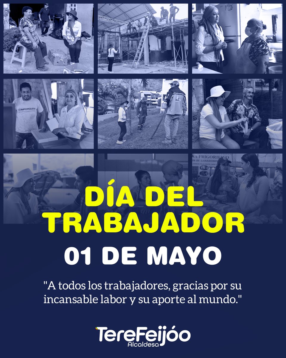 tere_feijoo's tweet photo. 01 de Mayo - Día Internacional del Trabajador.

En este día del trabajador, quiero enviar un mensaje especial a los hombres y mujeres trabajadoras de Piñas, quienes día a día ponen todo su empeño y dedicación en cada tarea que realizan. https://t.co/zaeqOWMWpy