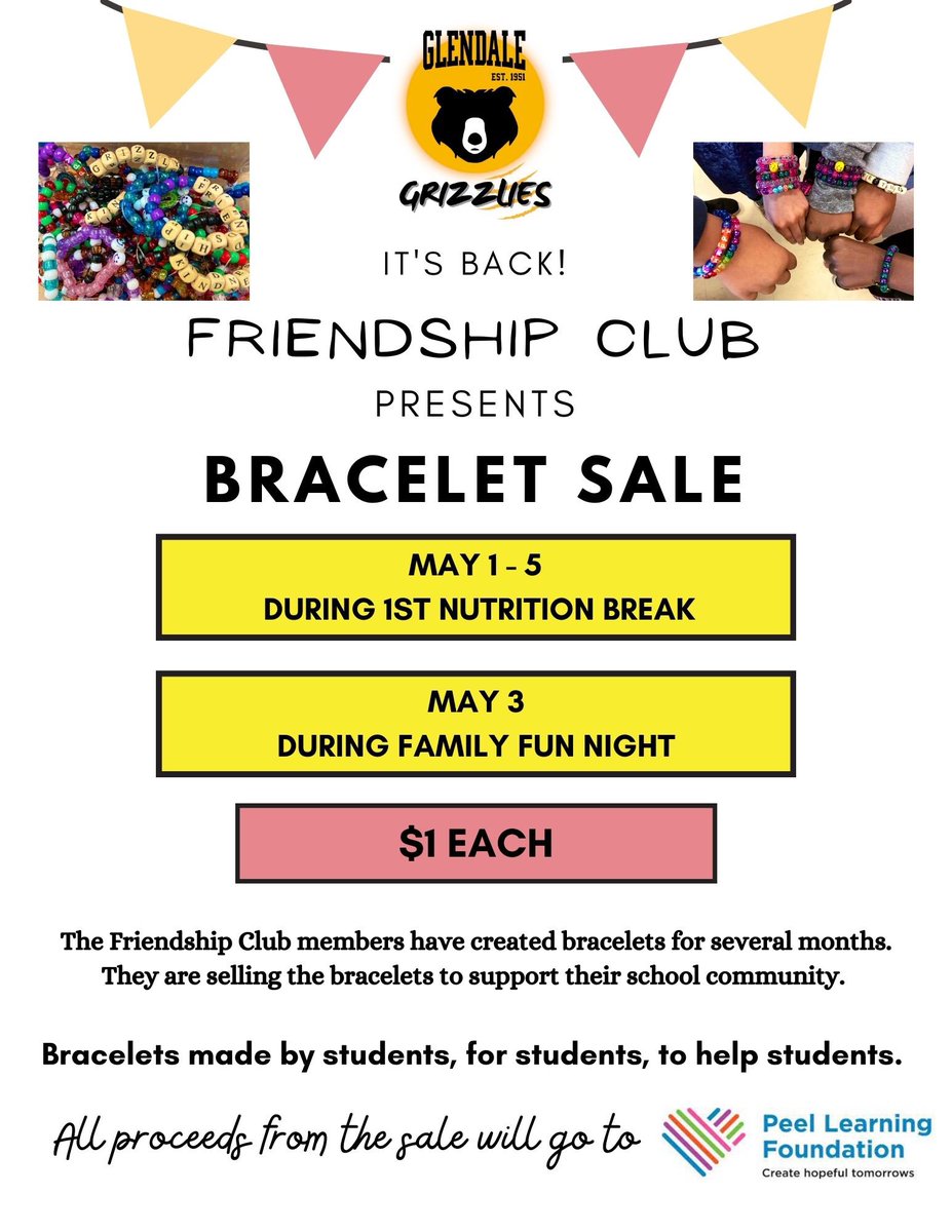 Ms. Sharma (@mssharmapdsb) on Twitter photo It’s back! The Friendship Club Bracelet Sale started today and bracelets will be on sale all week. These bracelets are made by students, for students, to help students. All proceeds from the sale will go to the Peel Learning Foundation. ❤️
@Glendale_PS <a href="/PeelSchools/">Peel District School Board</a> #PeelFam It’s back! The Friendship Club Bracelet Sale started today and bracelets will be on sale all week. These bracelets are made by students, for students, to help students. All proceeds from the sale will go to the Peel Learning Foundation. ❤️
@Glendale_PS <a href="/PeelSchools/">Peel District School Board</a> #PeelFam