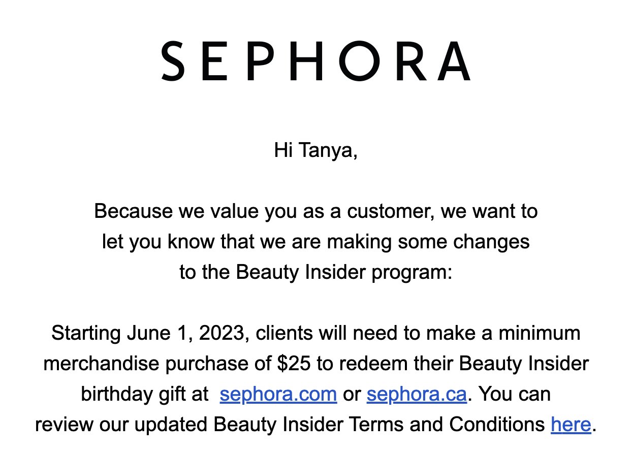 Tanya Chen (OG unpaid blue checkmark) on Twitter: "sephora is now forcing  people to make a "minimum purchase of $25" to claim their bday reward gift  all i have to say to