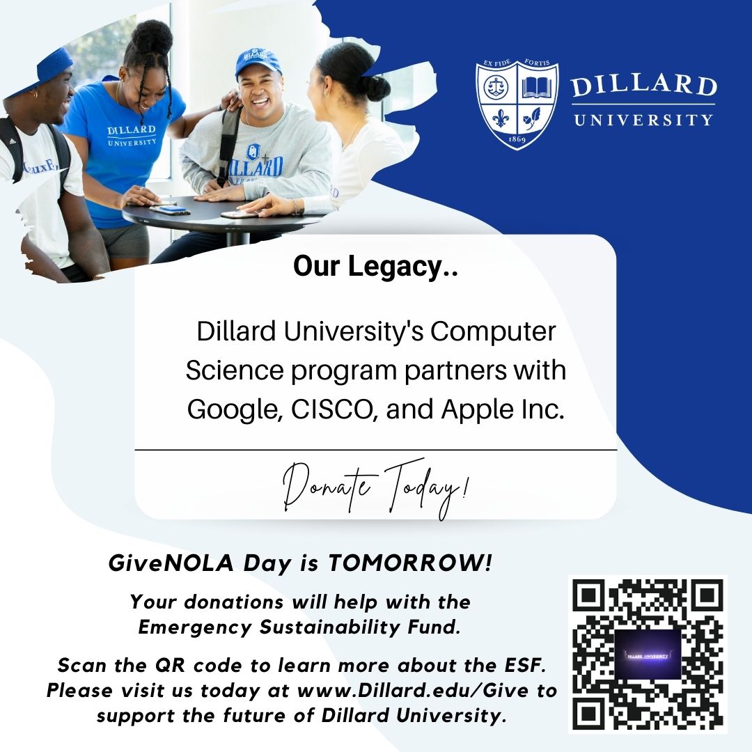 GiveNOLA Day is TOMORROW! 

Be sure to include "GiveNOLA Day" in the comment section while donating!

Please visit us today at Dillard.edu/Give to supportDU!

#StudentSuccess #AcademicExcellence #InnovationInTechnology #DillardUniversity #FairDillard #BleuDevils