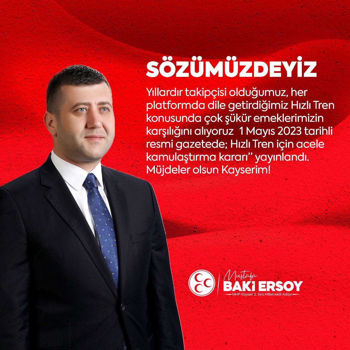 bakiersoymhp's tweet photo. Yıllardır takipçisi olduğumuz, her platformda dile getirdiğimiz Hızlı Tren konusunda çok şükür emeklerimizin karşılığını alıyoruz ❗️ 
1 Mayıs 2023 tarihli resmi gazetede; Hızlı Tren için acele kamulaştırma kararı” yayınlandı. 
Müjdeler olsun Kayserim! 🇹🇷🇹🇷 https://t.co/7mRdK19ooz