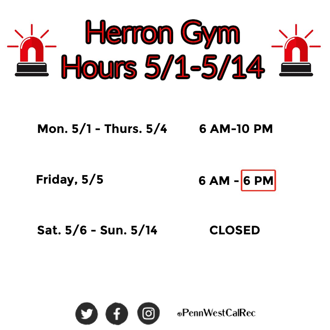 Herron will have adjusted hours at the end of this week due to the semester ending. Please see the graphic above for details. 

The building will close Friday at 6pm for a week before reopening with our Summer hours on Monday 5/15