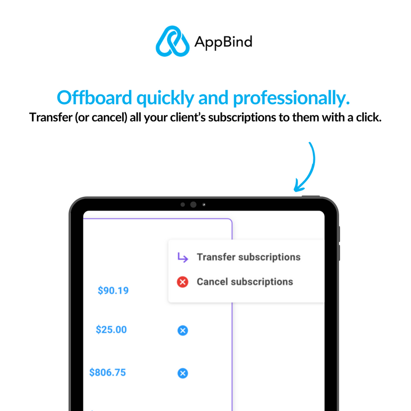 👀 Need to offboard a client quickly and professionally? Look no further than AppBind! 

With just one click, you can transfer or cancel all of your client's subscriptions and hand them over in a snap. 

👊 Setup your free account now: appbind.com