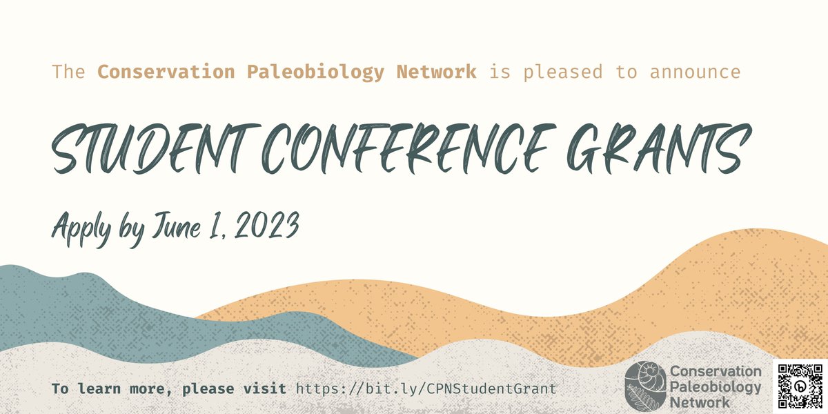 New funding opportunity <a href="/CnsrvPaleoNetwk/">Conservation Paleobiology Network</a>!

Travel grants are available for students &amp; postdocs interested in convening a CPB session or presenting at a conservation-focused conference. Applications are due June 1st! 

Details and instructions linked here: bit.ly/CPNStudentGrant