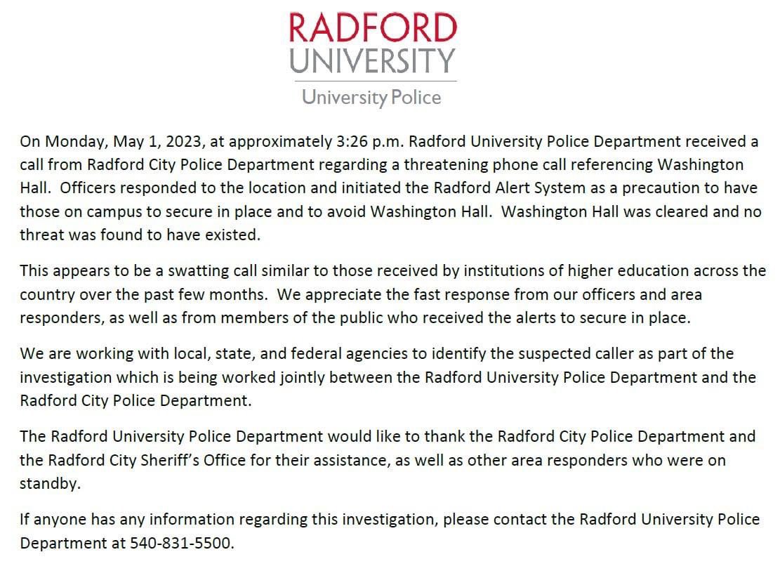 RadfordUPolice's tweet photo. Please see below release regarding the incident today at Washington Hall. https://t.co/kyvwErAzuR