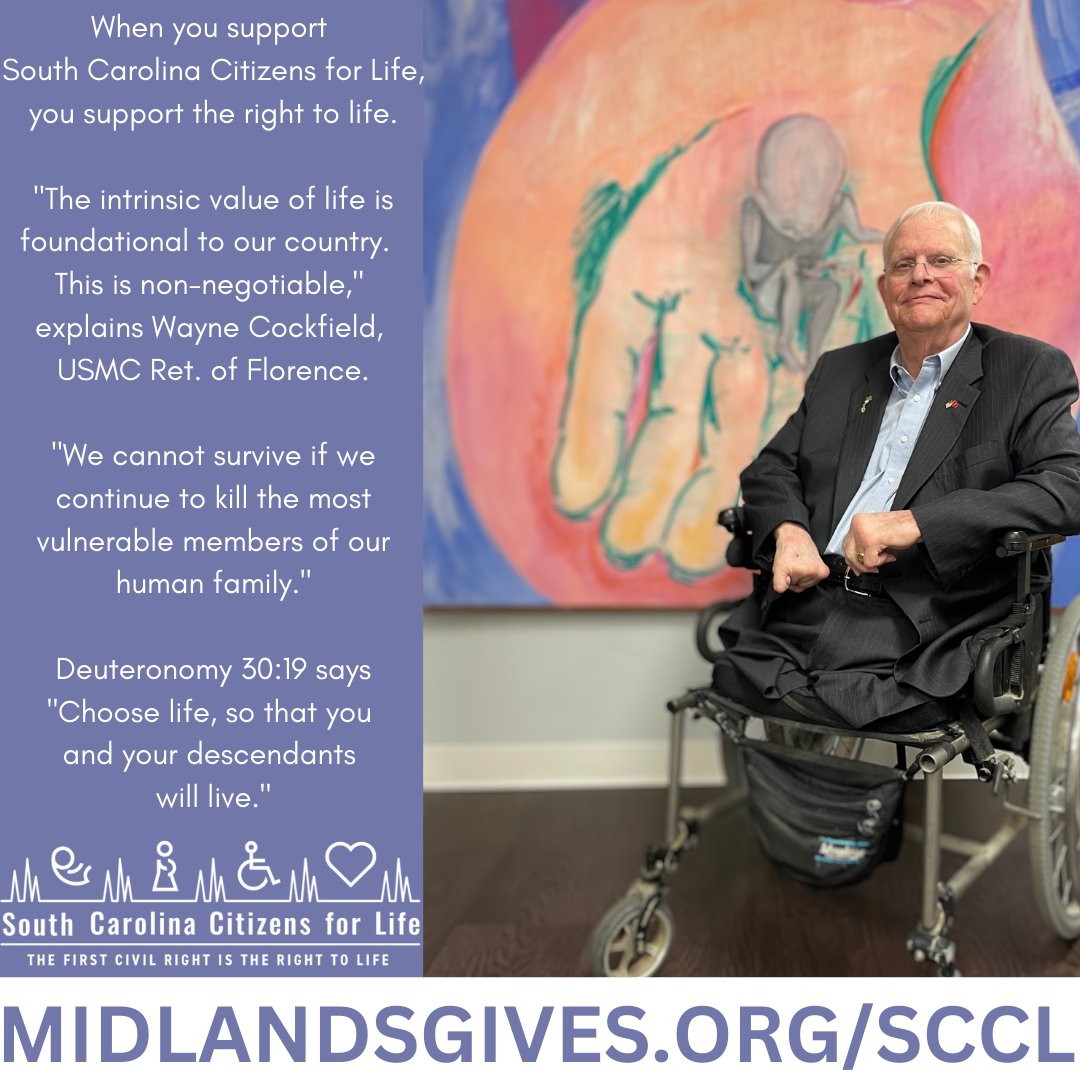 When you support OCCL4Life, you support the right to life.

'The intrinsic value of life is foundational to our country. This is non-negotiable,' explains Wayne Cockfield, USMC Ret. of Florence.

midlandsgives.org/fundraise/1949…

#life4sc
#MidlandsGives
#savethebabiessc