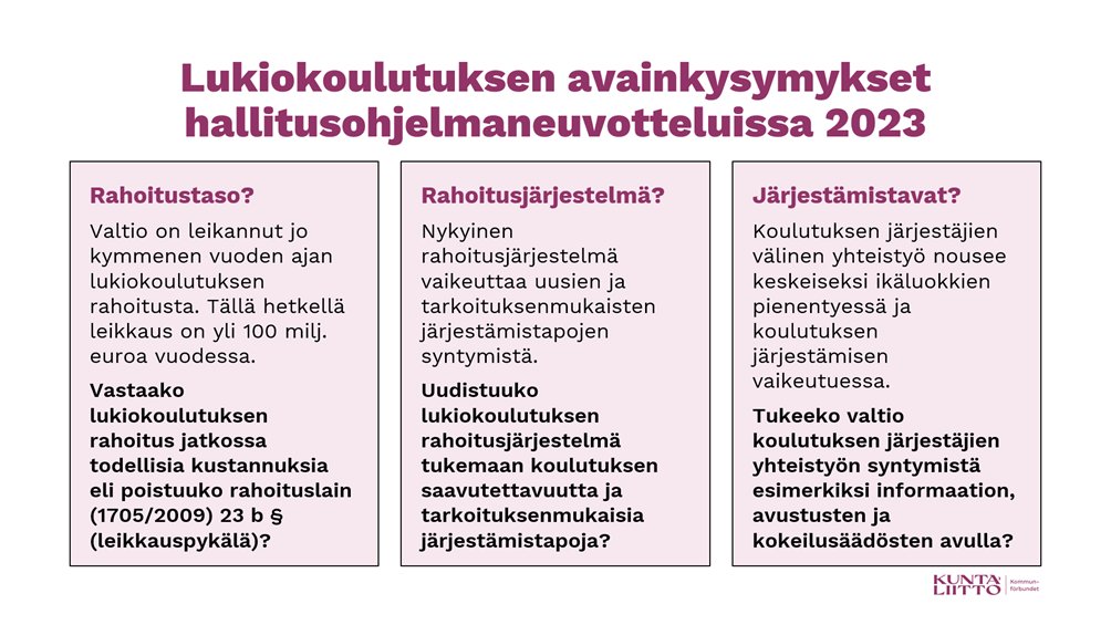 #Hallitusneuvottelut alkavat tänään #Säätytalo'ssa. Lukiokoulutuksen kannalta #hallitusohjelma'neuvotteluissa on kolme avainkysymystä – muut asiat ovat mittaluokaltaan selvästi pienempiä. #lukio #rahoitus #saavutettavuus <a href="/Kuntaliitto/">Kuntaliitto | Kommunförbundet</a>