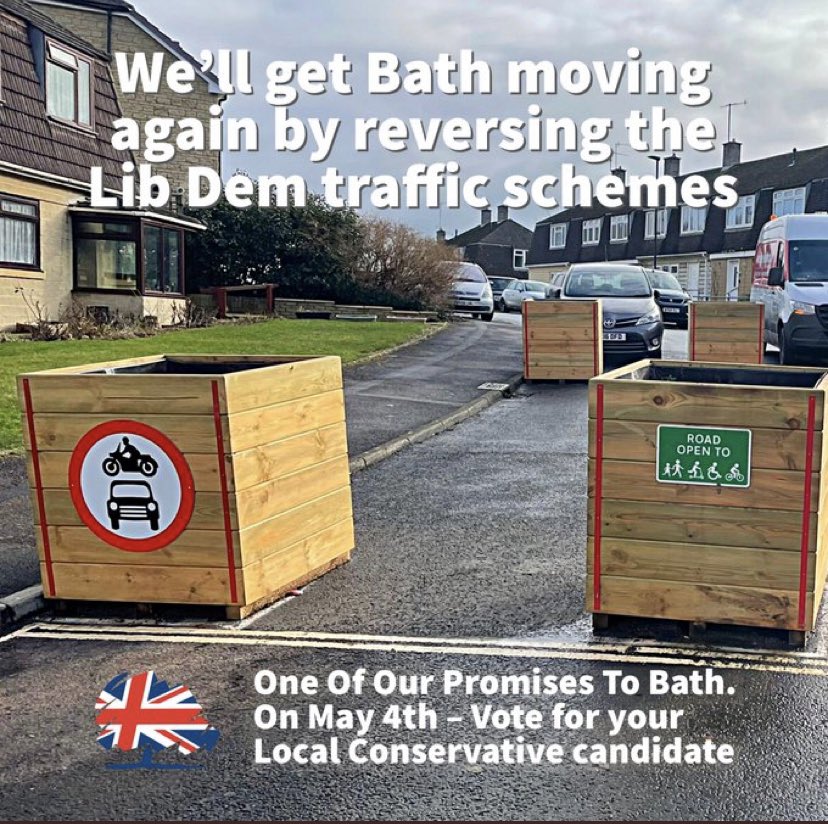 BathCA's tweet photo. Whatโs the risk of voting LibDem? More restrictions on driving, more bollards, road blocks.
Their official policy is to cut driving by 25%. You either cycle or walk or, more likely, donโt make the journey at all.
If you want this, vote LibDem.
If not, vote #LocalConservative https://t.co/4mVkuGuPat
