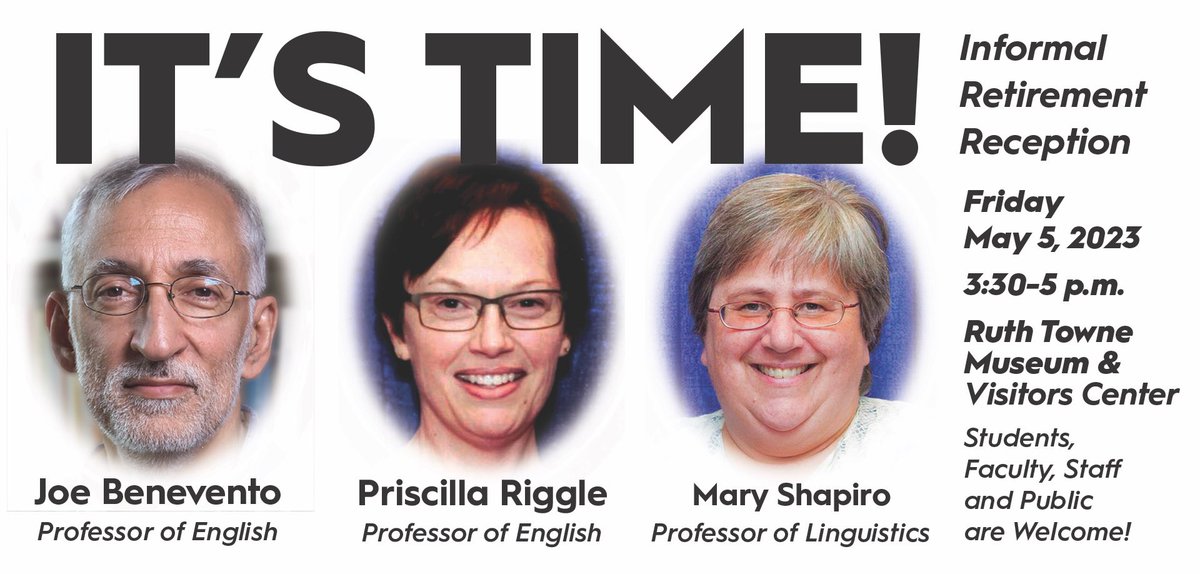 Dr. Joseph Benevento, Dr. Priscilla Riggle, and Dr. Mary Shapiro have all been excellent professors during their time at Truman. Their retirement reception will take place on May 5 from 3:30-5:00 PM at the Ruth Towne Museum and Visitors Center. This event is free and open to all!