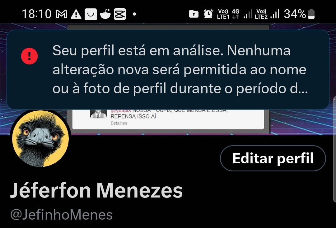 JefinhoMenes's tweet photo. Bom, eu achei que era coincidência. Mas no começo da semana tentei mudar meu nome e adicionar o "PL 2360 JA".

Só que eu não podia mudar, porque estavam analisando meu perfil.

No entanto, essa análise, que demorava no máximo dois dias, está assim há OITO DIAS desde então. https://t.co/92NtAnrFa3