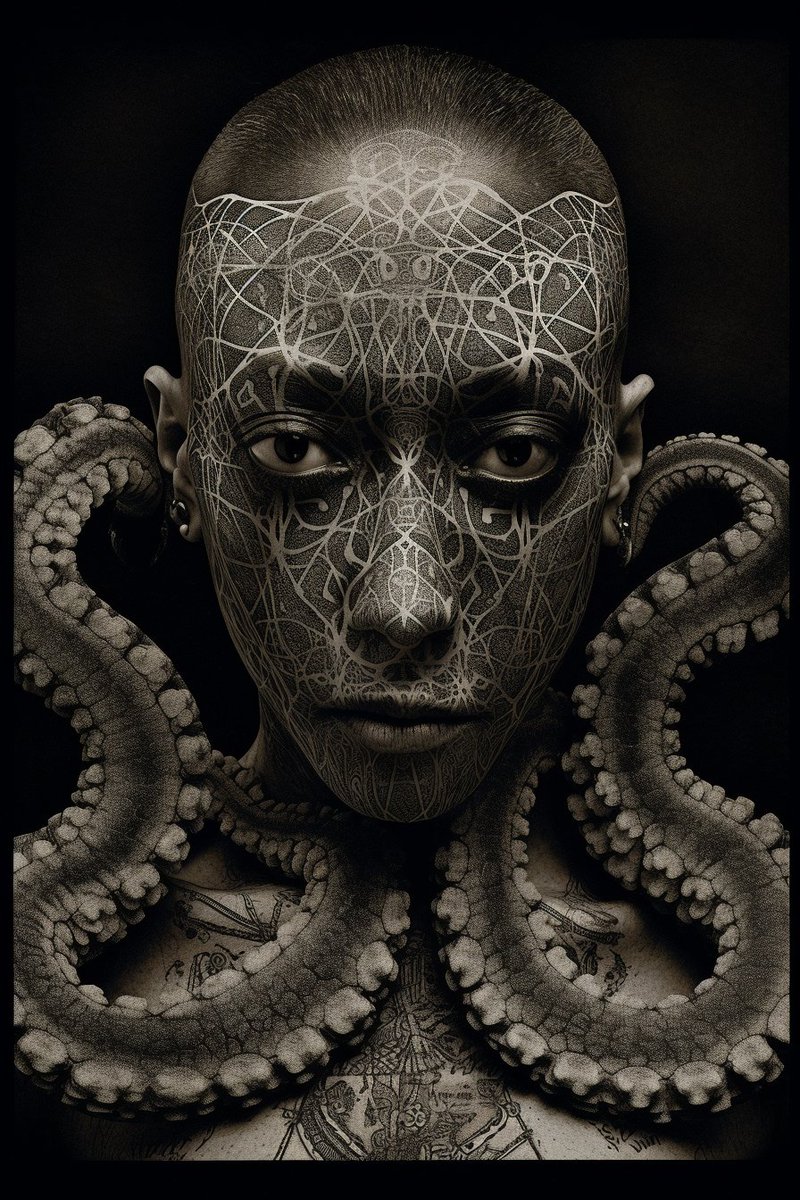 Polygonist's tweet photo. GUARDIANS #4 - We are Guardians of the Wildlife - Keepers of the last days. THE OCTOPUS MAN #guardians #triabel #tattooart #wildlifeart #eagleart #native #planetearth #endofdays #portraitphotography #animalart #eagleart #birdart #facetattoo #eagleman #TezosNFTs #nftart https://t.co/hlF4HaWyly