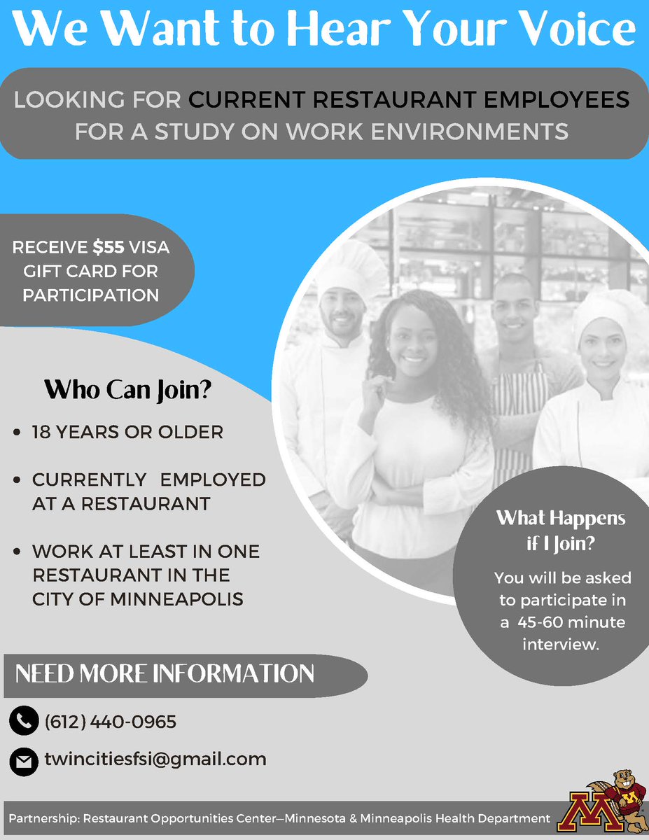 The University of Minnesota, in partnership with us and the Minneapolis Health Department, is conducting a study to understand how work environments and conditions impact restaurant workers’ health and well-being. (1/2)