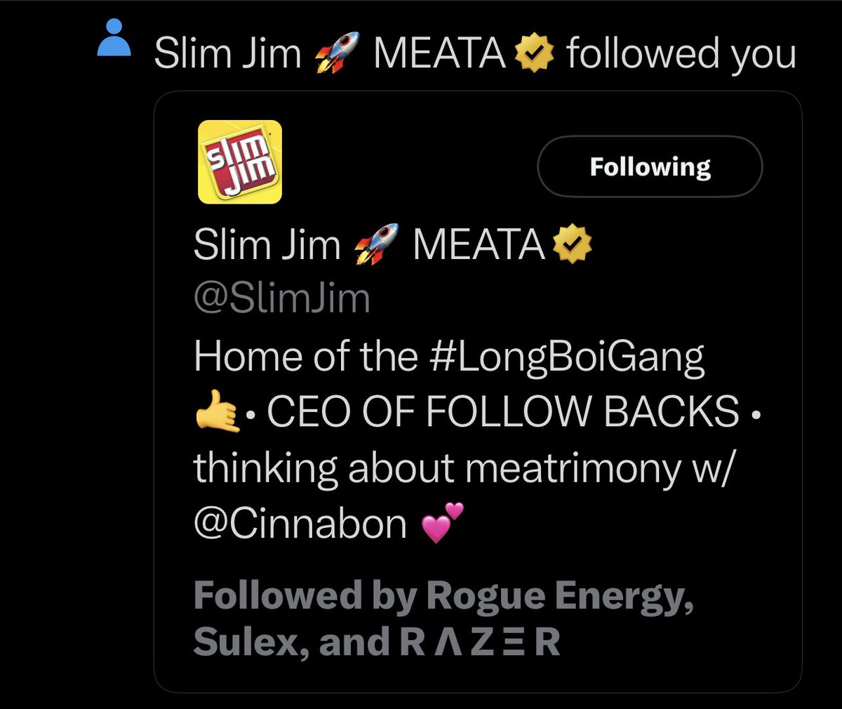 EclipseRicoSZN's tweet photo. I just received a follow from one of my favorite snacks in history!!! @SlimJim thank you!! Massive W!!!!! https://t.co/cZLRmDoOVh
