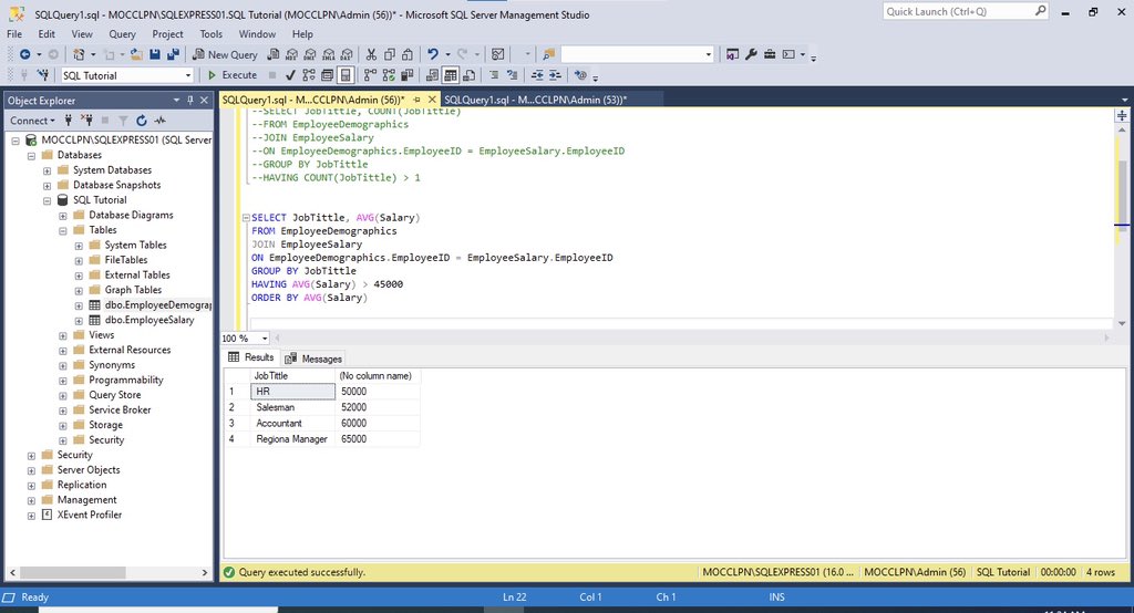 Nomychillz's tweet image. Day 1 of May SQL Challenge 

So today I learnt how the HAVING CLAUSE  works and I also practiced with it. 
#31DaysofSQL