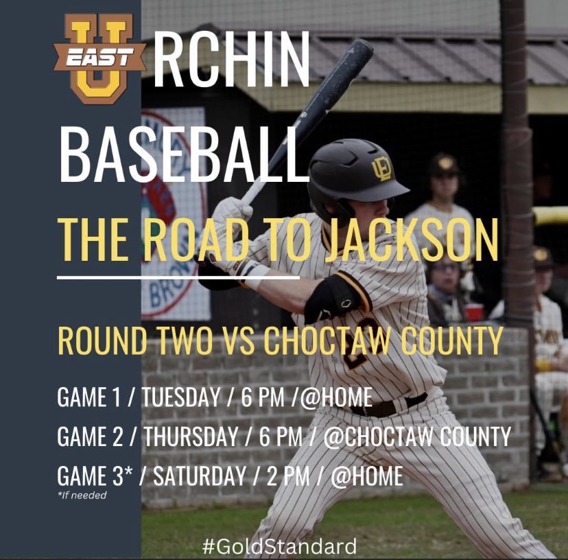 UrchinBaseball's tweet photo. There is a slight change to the #UrchinBaseball ￼playoff schedule this week. Due to the threat of rain, Friday’s game at Choctaw Central has been moved to Thursday. Same time, same place. #Playoffs #RoadToJackson ￼#GoldStandard￼ https://t.co/93U8u0wXkB