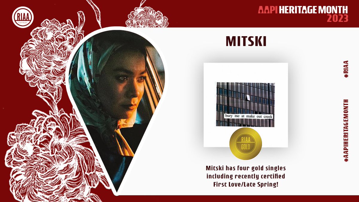 RIAA's tweet photo. Kicking off #AAPIHeritageMonth with Japanese American artist @mitskileaks! She has 4⃣ gold singles including recently certified "First Love/Late Spring"! 👏@DeadOceans
📀#FirstLoveLateSpring
📀#Nobody
📀#WashingMachineHeart
📀#MeAndMyHusband https://t.co/Fq4OIyJHLq