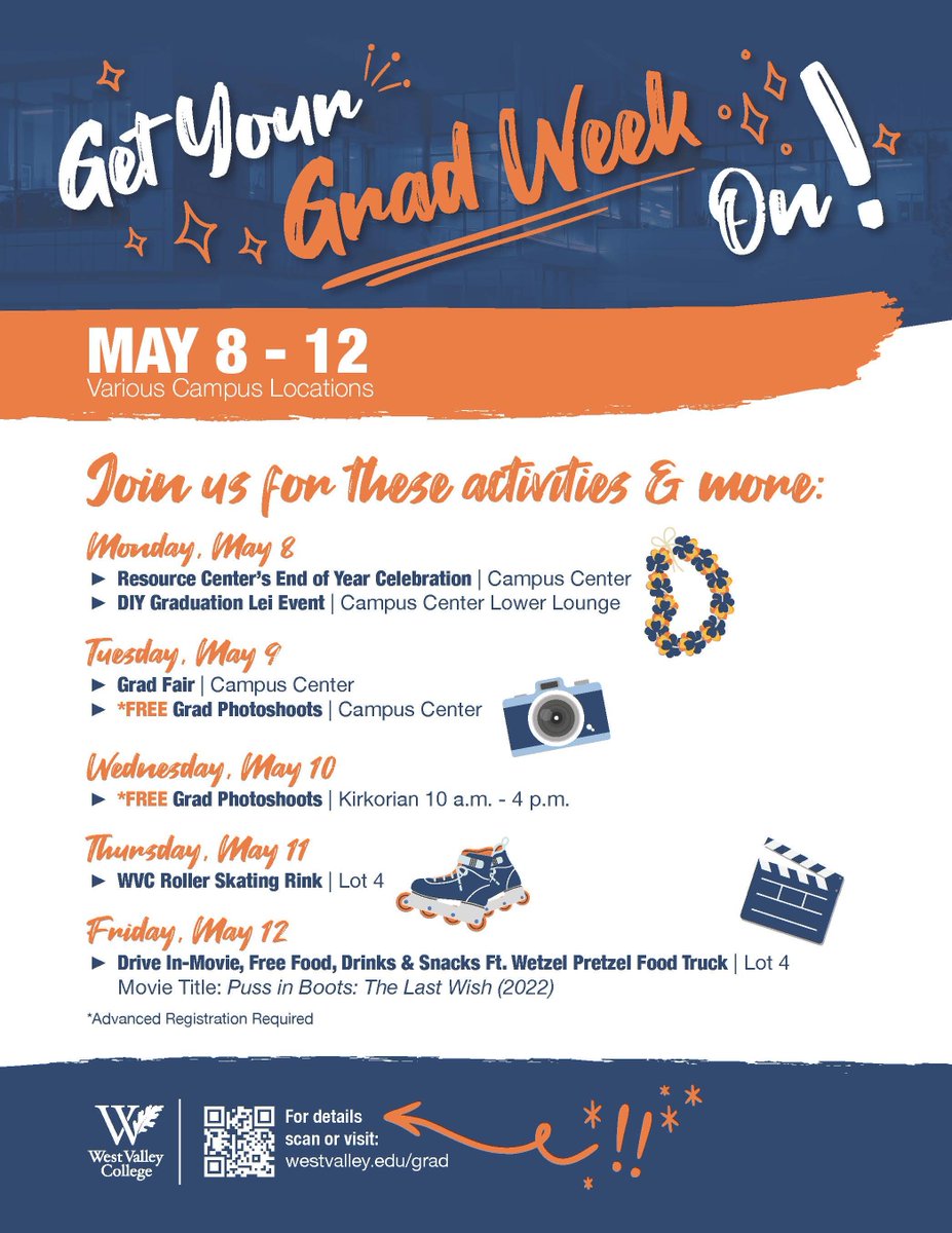 WVMCCDcomms's tweet photo. GET YOUR GRAD WEEK ON! | Join Us For a Week of Fun at Graduation Week May 8-12 https://t.co/AUoMhRi2x2