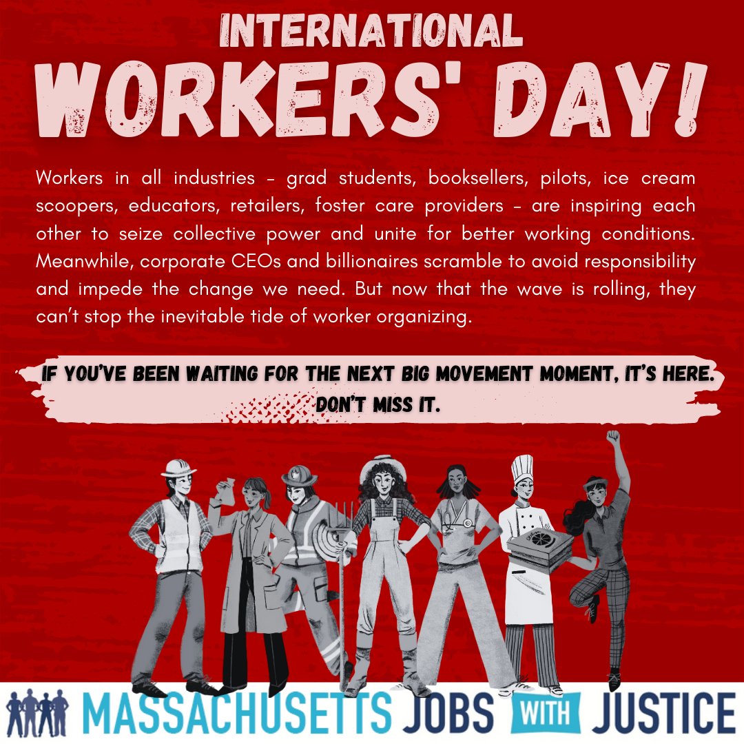 Happy International Workers' Day! At Mass JWJ, we're not just celebrating worker history, we're making it. Support new worker organizing with a donation to Mass JWJ today!!
bit.ly/workersmay
#solidarityforever #mayday #internationalworkersday #1u