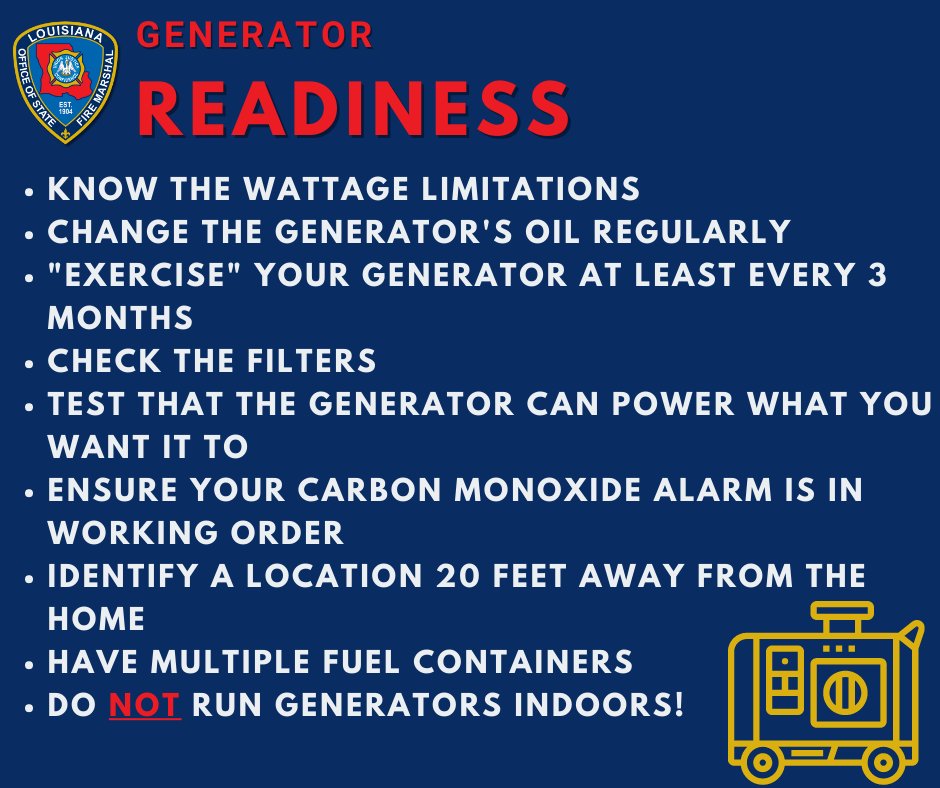 LAFIREMARSHAL's tweet image. It's a new month which means a new fire safety message!

In line with it being #HurricanePreparednessWeek, and a month away from 🌀hurricane season🌀, we're focusing on a storm preparedness item many families are relying on these days-- generators.