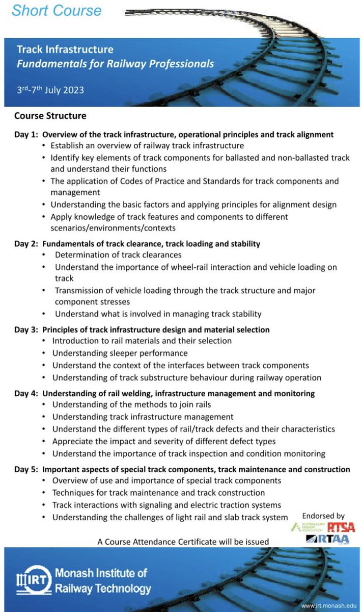 <a href="/MonashUni/">Monash University</a> <a href="/monashengineers/">Monash Engineering</a> <a href="/IRT_Monash/">Monash IRT</a> will be delivering structured #Rollingstock (components, operation &amp; maintenance of trains) &amp; #Track (sleeper, ballast and formation construction &amp; performance) #railway short #courses from 26-29 June 2023 and from 3-7 July  respectively.