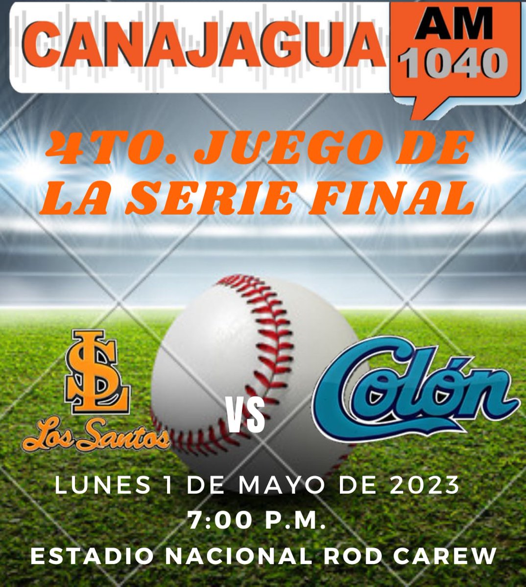 Cuarto partido de la Gran Final del Campeonato Nacional de Béisbol Mayor, en donde el equipo de Los Santos visita al equipo de Colón desde las 7:00 p.m. en el Estadio Nacional Rod Carew, en la narración Carlos Ortíz, comentarios Domingo Mingo Castillo y Licdo. Gustavo Durán.