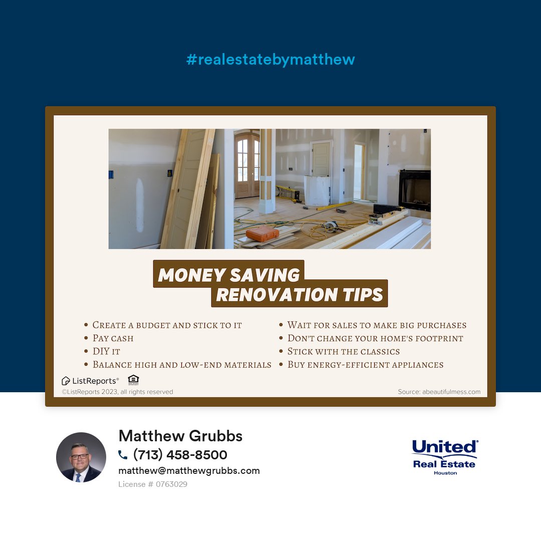 rebymatthew's tweet photo. No matter what your budget is, the cost of renovations can add up quickly. Use these money-saving tips to get the most bang for your buck. #realestatebymatthew #home #house #homeowner #relestate #realtor #homereno #hometips #happyhome #homerenovations #UnitedRealEstateHouston https://t.co/aq7oRGyW3l