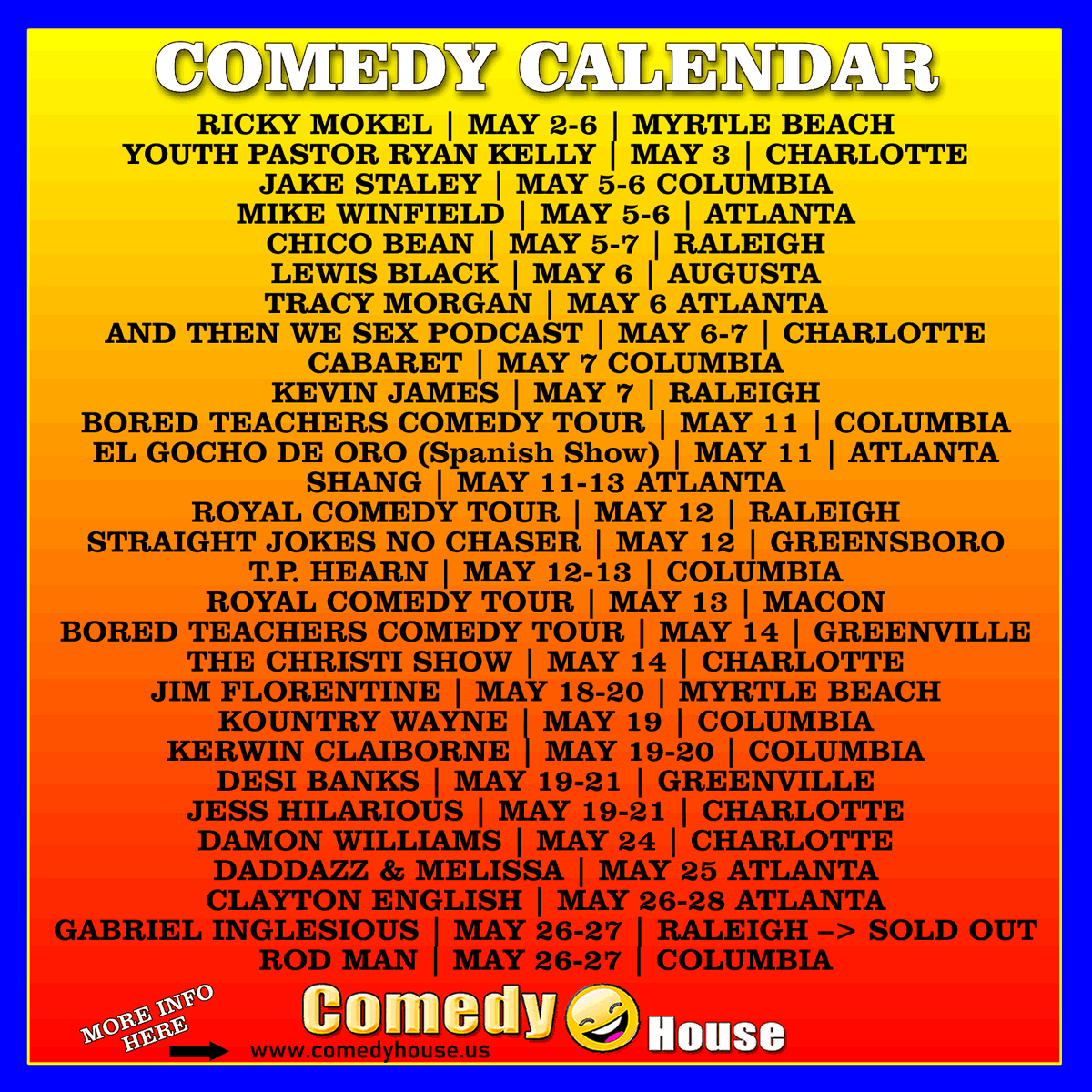 Comedy Calendar for South Carolina, North Carolina &amp; Georgia. #comedyhousenation #comedycalendar #standupcomedy #eventsincharleston #eventsingreenville #eventsincharlotte #eventsinatlanta #eventsincolumbia #eventsinraleigh #eventsingreensboro #eventsinaugusta #eventsinmyrtlebeach
