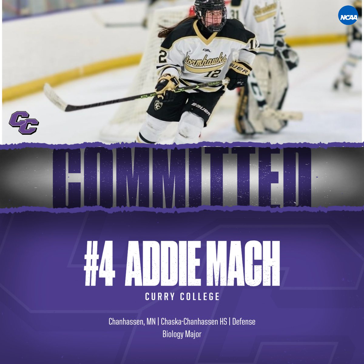 Addie Mach joins us from @CCHA_Hockey and will be a Biology major. #Curry2027 #BleedPPPurple 🥳