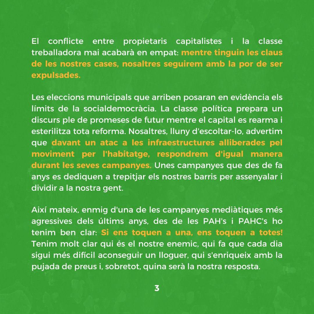 LA_PAH's tweet photo. Gracias a @pahcatalanes @PAHLleida @PAHCBages 
@PAHCBM 
@PAHC_Sabadell 
@ObraSocial_PAH por esa lucha #ImPAHrable para tantas familias vulnerables  excluidas en este sistema que vulnera el #DerechoALaVivienda 
¡Si no hay paz, habrá revolución!
#SiSePuede https://t.co/ojDl4PJ5Rz