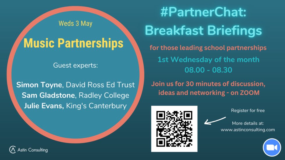 Joining the #PartnerChat Breakfast Briefing on MUSIC PARTNERSHIPS this week? Please make sure you have registered by Tuesday evening to ensure access to the Zoom call. 

#partnerships #schools #musiceducation #iteachmusic