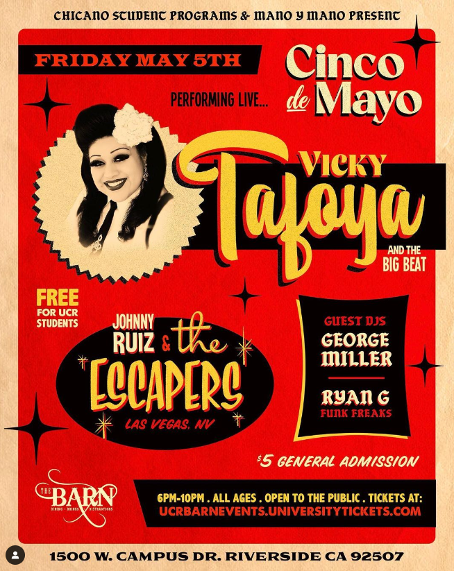 This Friday - May 5th, Featuring authentic Souldies sounds from the talented:

Insta: @vicky_tafooya_and_the_big_beat
Insta: @the_escapers702

With special Guest DJ's:
Insta: @thevinylife_
Insta: @lessthanzeromusic

FREE for UCR Students w/ticket registration