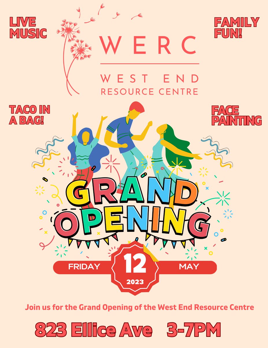 Join us for the grand opening of the West End Resource Centre!

Friday, May 12 from 3-7PM

Live music, games, food and prizes!

Learn about the new programs and services available at the WERC and help us celebrate the grand opening.