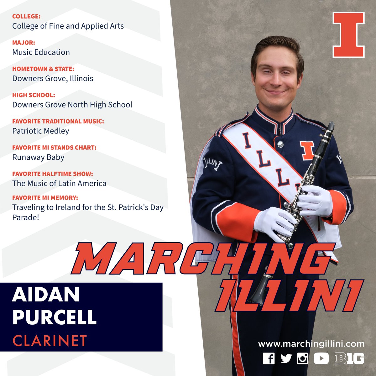 MarchingIllini's tweet photo. It's time for our #MISeniorSpotlight

Aidan plans to student teach this fall.

"Enjoy every moment and the people you are surrounded by, MI truly has some of the best people on campus! Don't take that for granted!"

Congratulations &amp; Thank U, Aidan! https://t.co/q8JVFsVzcs