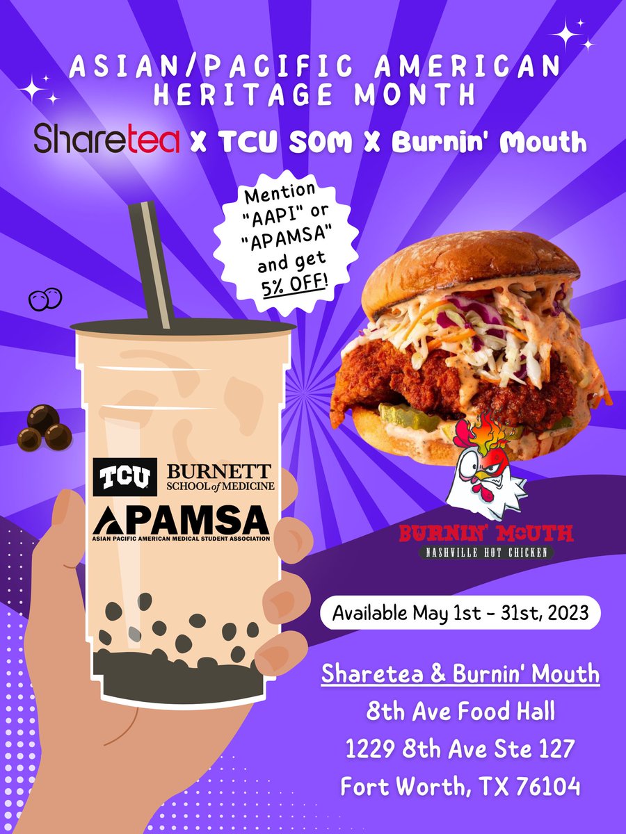 We're thrilled to partner with Sharetea and Burnin' Mouth to fundraise throughout May. When you mention APAMSA or AAPI, you'll receive 5% off your purchase (and that goes for friends and family, too!). All proceeds will benefit our chapter and help support our mission.  
#APAHM