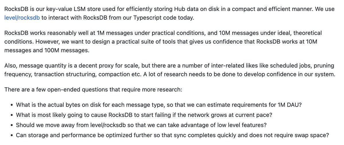 dwr's tweet photo. We're looking to sponsor someone who has experience working with RocksDB to help Farcaster scale hubs. All work will be open source, MIT license.

Location agnostic, only prior RocksDB experience is required. Send me a DM if interested. https://t.co/Ws6YBhh4Ww