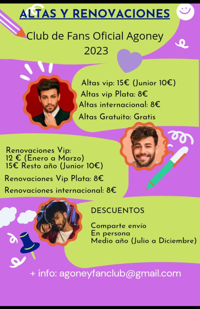 Agoney_Valencia's tweet photo. Elige cómo ser socio del club de Fans Oficial de Agoney:

✨Gratuito (Gratis)
Gratuito internacional (Gratis) 
Vip Junior (10€año)
Vip Oro (15€año) 
Vip Plata (8€año)
Vip internacional (8€año)✨

Entra en https://t.co/ckafaYRRCz o escribe a agoneyfanclub@gmail.com 
#agoney https://t.co/brXGNN5YZj