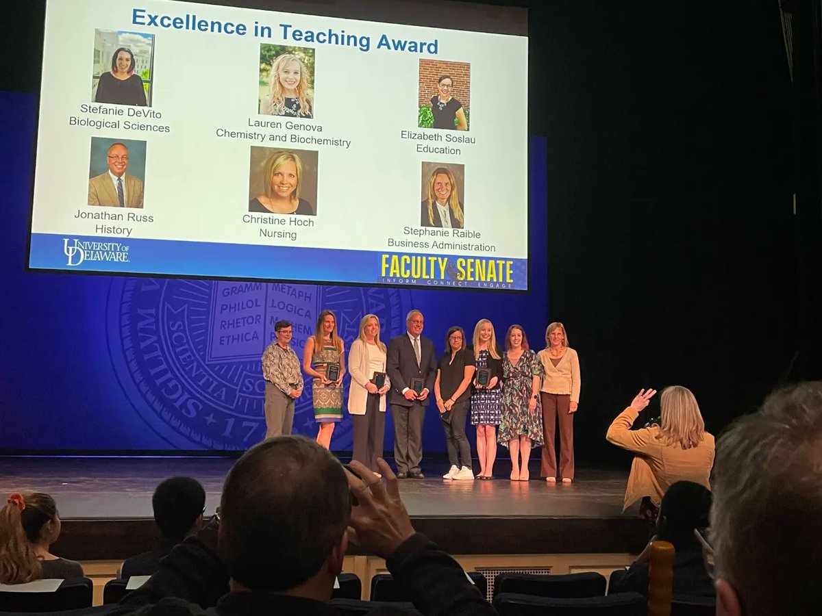 PhDeVito's tweet photo. I had the honor today of receiving the UD Faculty Excellence in Teaching Award! This is UD's highest honor in teaching. A huge thank you to all my students who nominated me (@clyncher34!) And a big congratulations to @lauren_genova who also won! 💙💛💙💛💙💛 https://t.co/7zHWMa9e1U